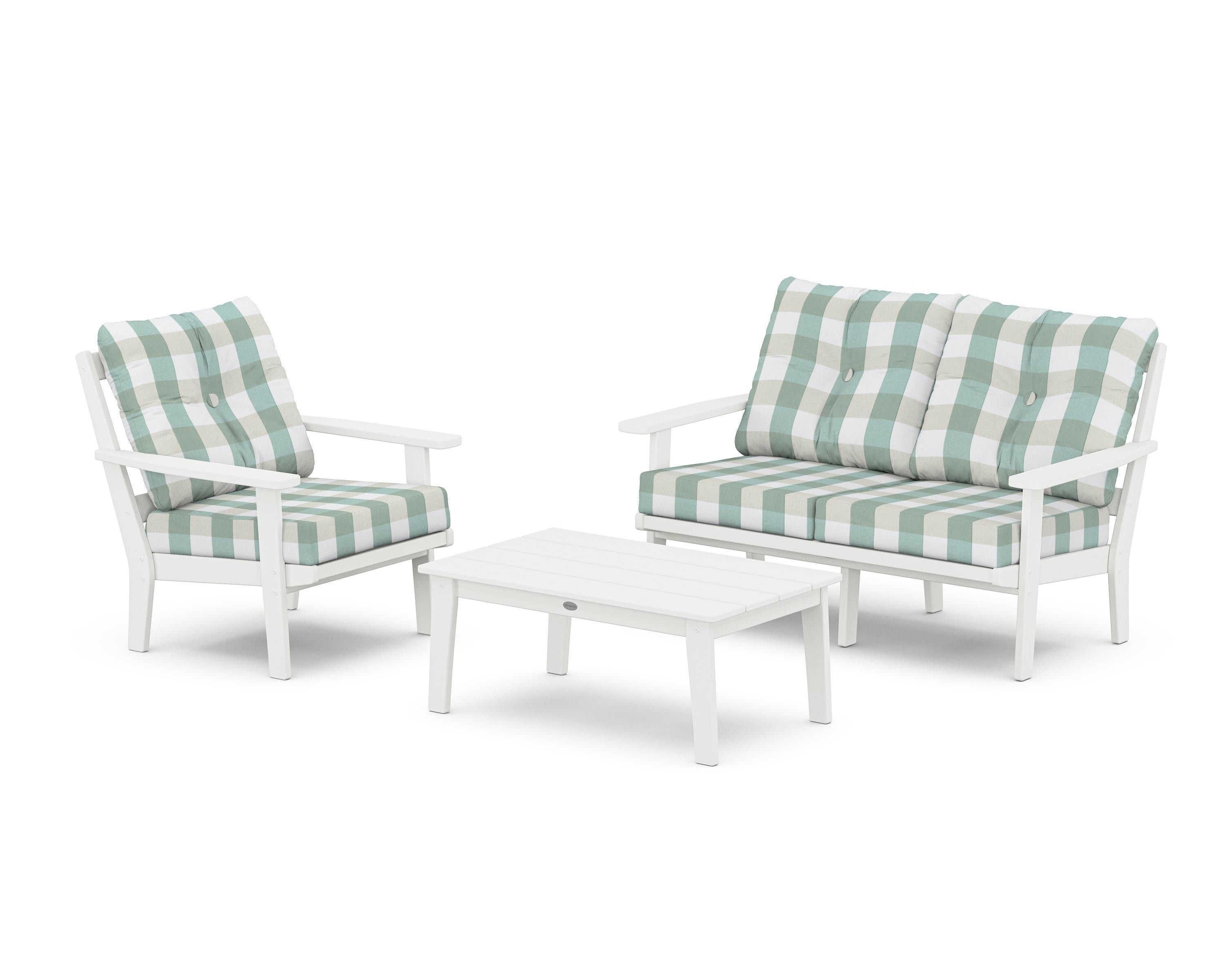 POLYWOOD® Oxford 3-Piece Deep Seating Set with Loveseat in White / Buffalo Plaid Glacier Spa