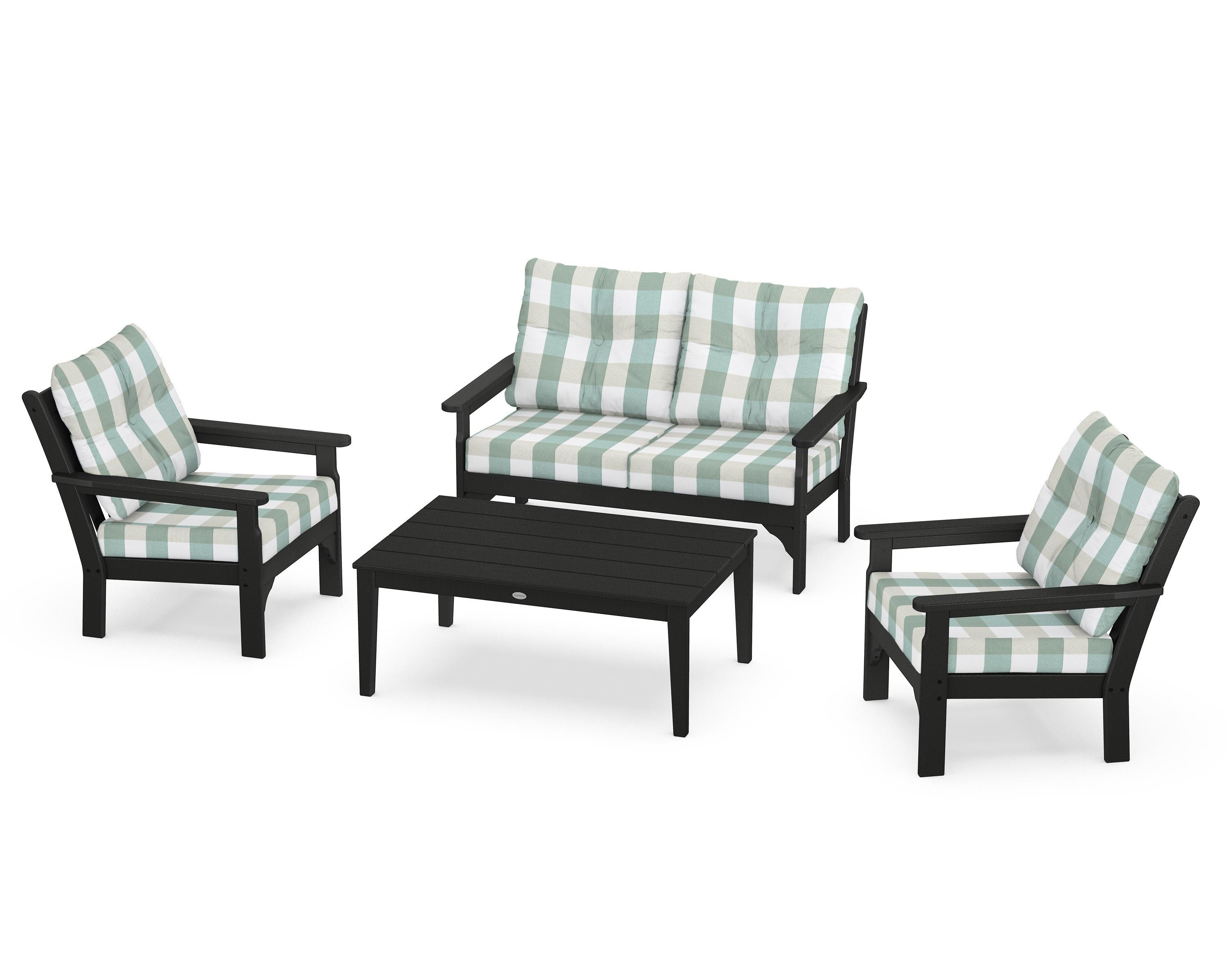 POLYWOOD® Vineyard 4-Piece Deep Seating Set in Black / Buffalo Plaid Glacier Spa