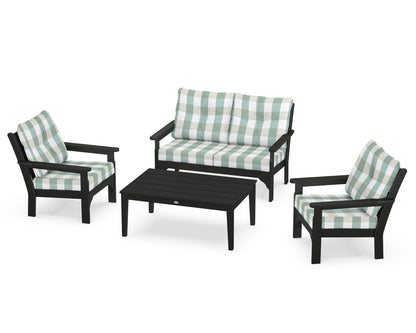 POLYWOOD® Vineyard 4-Piece Deep Seating Set in Black / Buffalo Plaid Glacier Spa