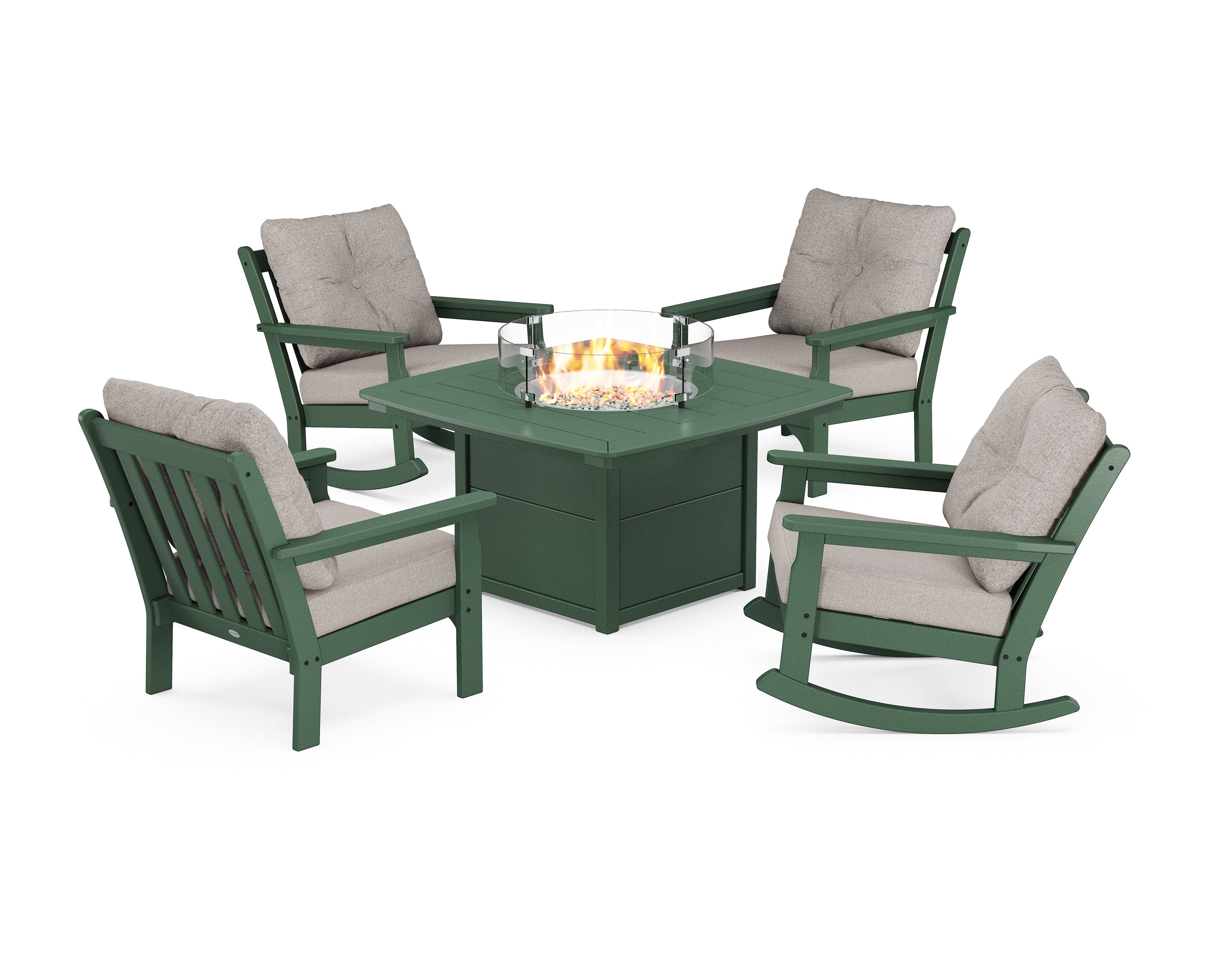 POLYWOOD® Vineyard 5-Piece Deep Seating Rocking Chair Conversation Set with Fire Pit Table in Green / Weathered Tweed