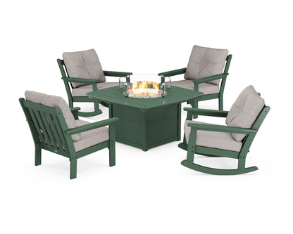 POLYWOOD® Vineyard 5-Piece Deep Seating Rocking Chair Conversation Set with Fire Pit Table in Green / Weathered Tweed