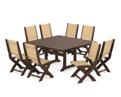 POLYWOOD® Coastal Folding Side Chair 9-Piece Farmhouse Dining Set in Mahogany / Dupioni Apricot Sling