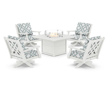 Country Living Wovendale 5-Piece Deep Seating Swivel Conversation Set with Fire Pit Table in White / Trellis Glacier Spa