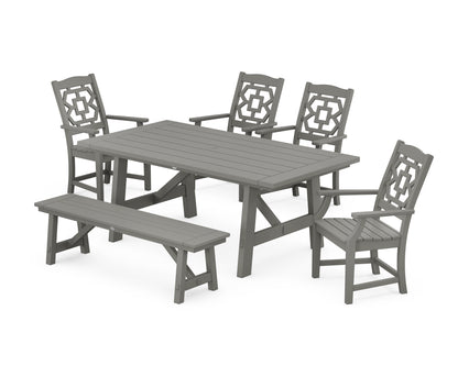 Martha Stewart by POLYWOOD® Chinoiserie 6-Piece Rustic Farmhouse Dining Set with Bench in Slate Grey