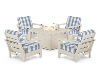 POLYWOOD® Harbour 5-Piece Conversation Set with Fire Pit Table in Sand / Buffalo Plaid Sky Blue