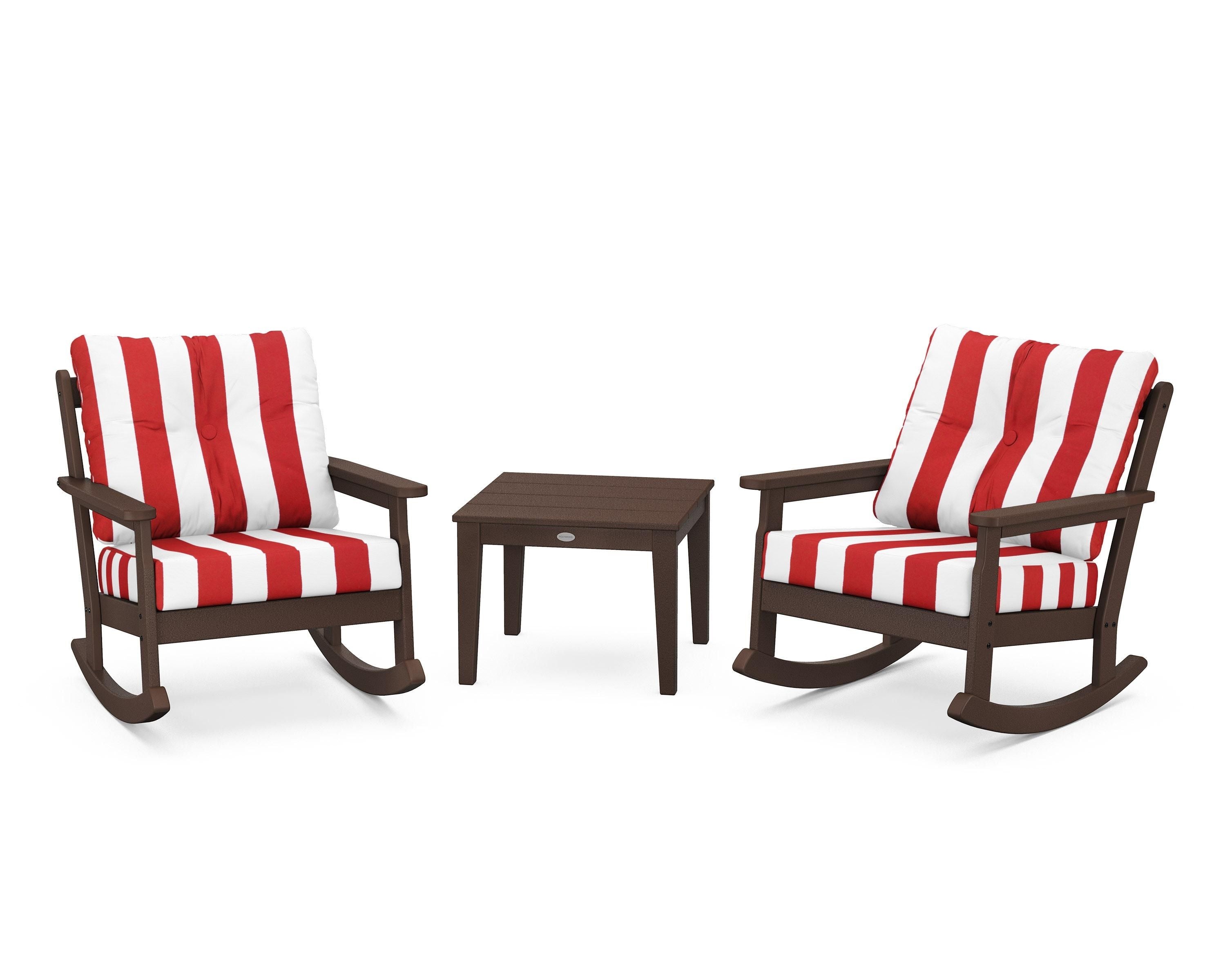 POLYWOOD® Vineyard 3-Piece Deep Seating Rocker Set in Mahogany / Cabana Stripe Crimson