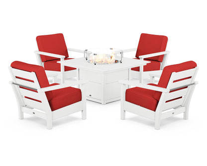 POLYWOOD® Harbour 5-Piece Conversation Set with Fire Pit Table in White / Crimson Linen