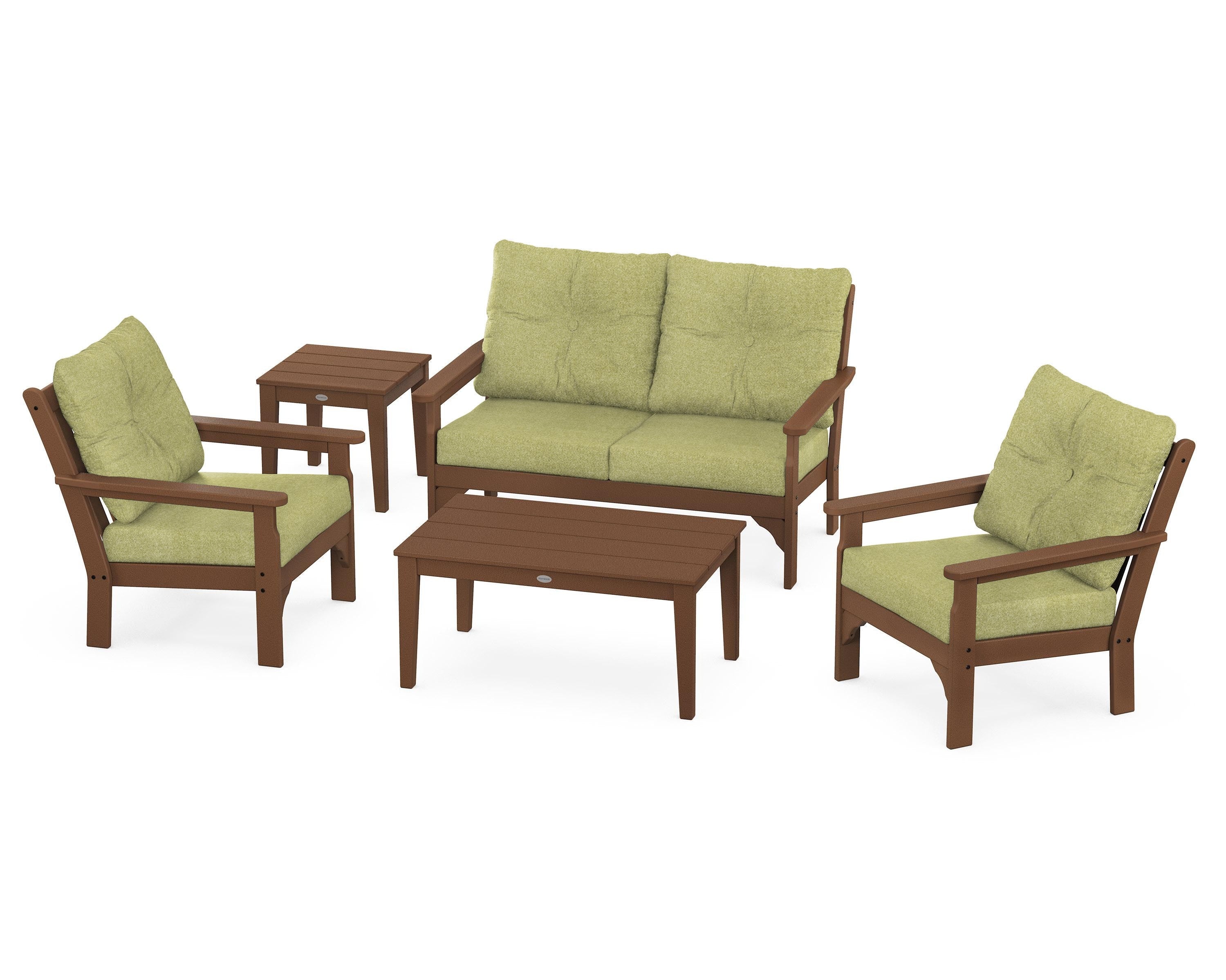 POLYWOOD® Vineyard 5-Piece Deep Seating Set in Teak / Chartreuse Boucle