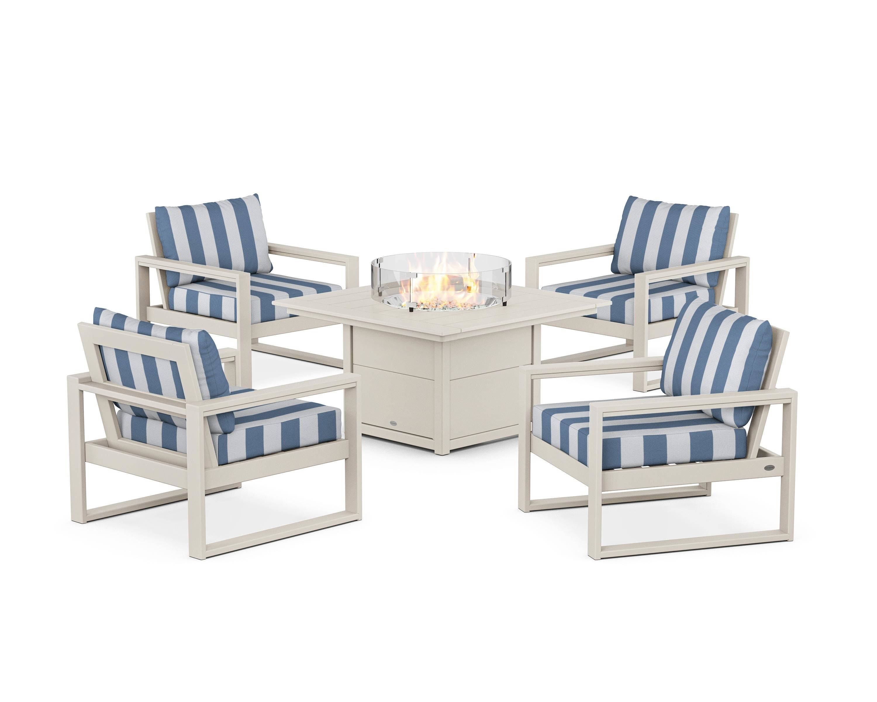POLYWOOD® EDGE Sectional 5-Piece Deep Seating Set with Fire Pit Table in Sand / Cabana Stripe Sky Blue