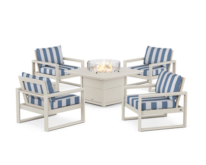 POLYWOOD® EDGE Sectional 5-Piece Deep Seating Set with Fire Pit Table in Sand / Cabana Stripe Sky Blue