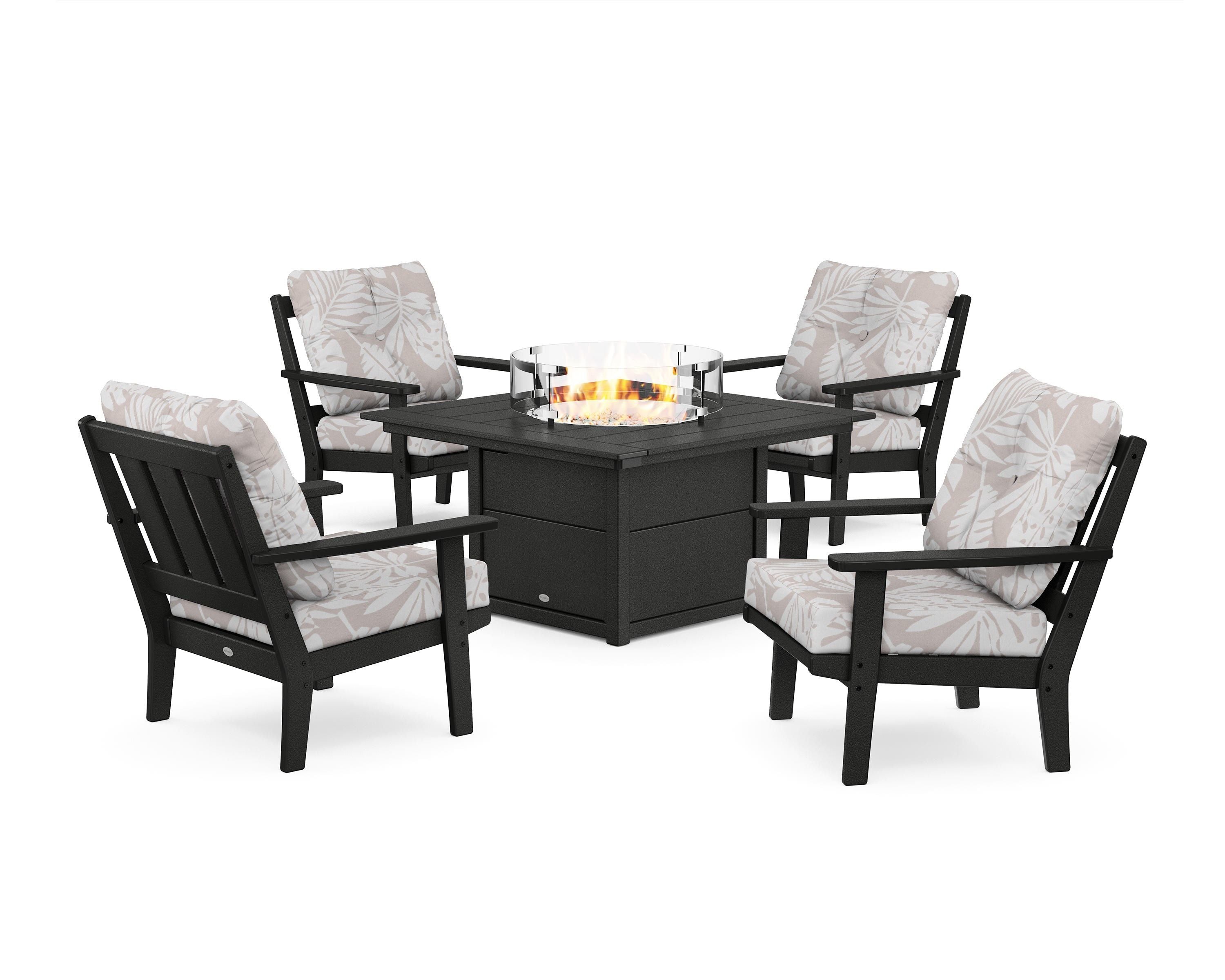 POLYWOOD® Oxford 5-Piece Deep Seating Set with Fire Pit Table in Black / Leaf Dune Burlap