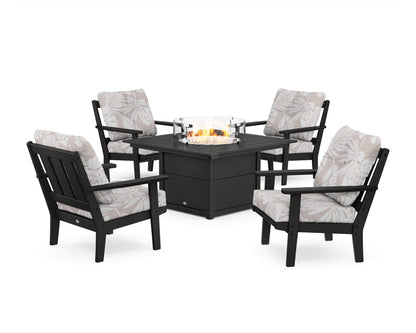 POLYWOOD® Oxford 5-Piece Deep Seating Set with Fire Pit Table in Black / Leaf Dune Burlap