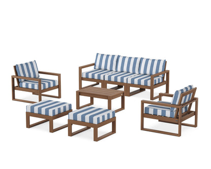 POLYWOOD® EDGE Sectional 8-Piece Lounge Sofa Set in Teak / Cabana Stripe Sky Blue
