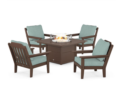 Country Living Cottage 5-Piece Deep Seating Set with Fire Pit Table in Mahogany / Glacier Spa