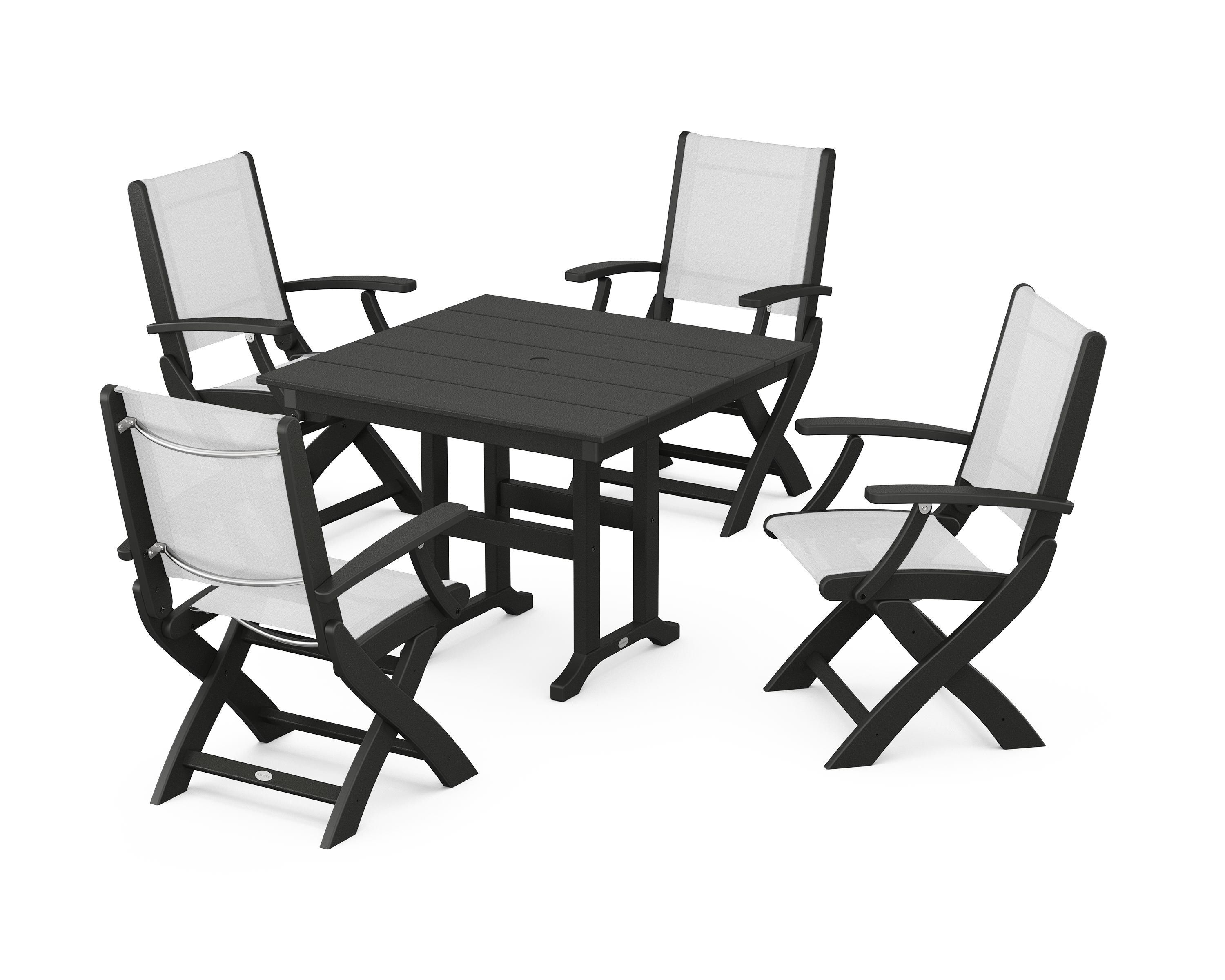 POLYWOOD® Coastal Folding Chair 5-Piece Farmhouse Dining Set in Black / White Sling