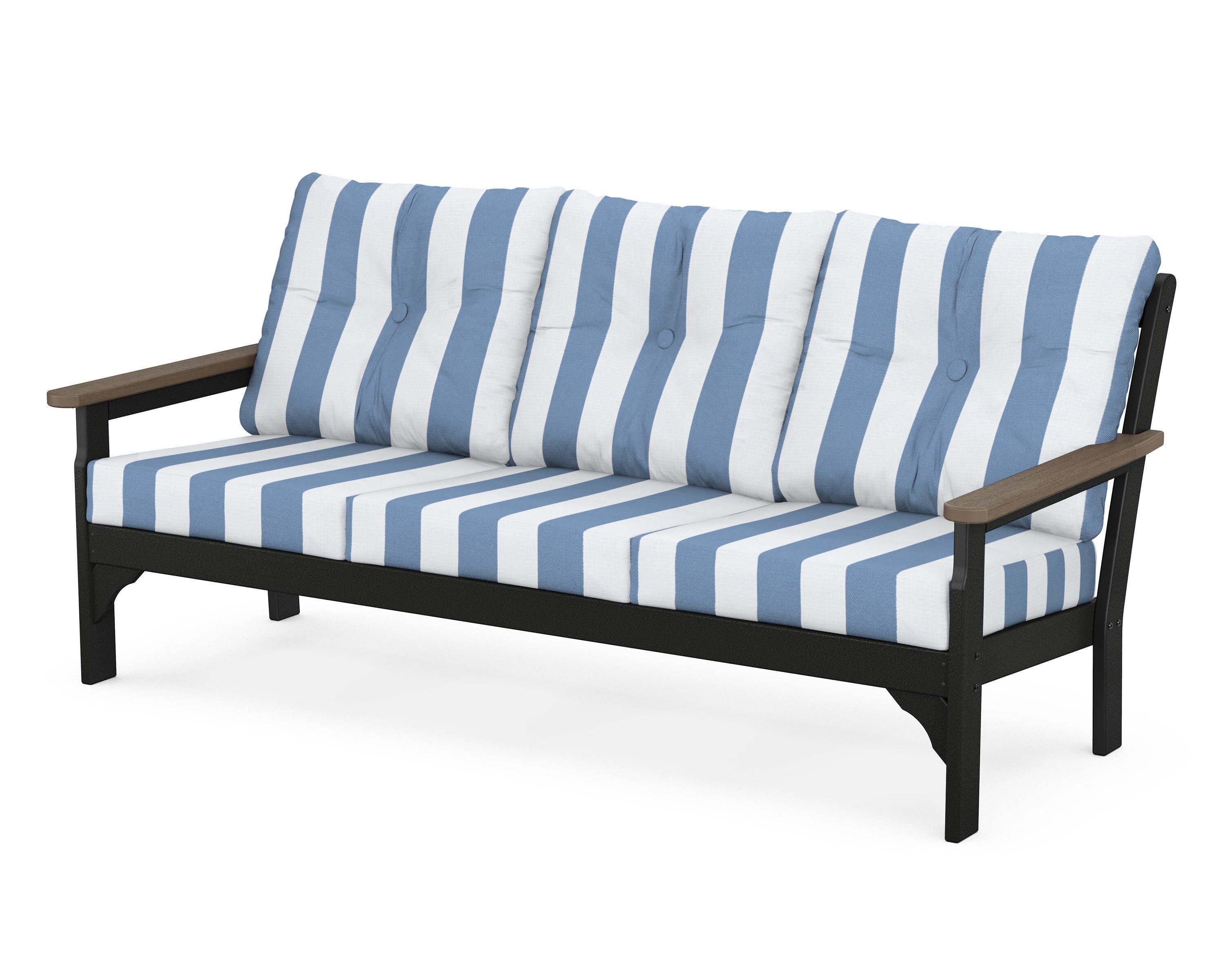 POLYWOOD® Vineyard Deep Seating Sofa in Black / Kona / Cabana Stripe Sky Blue