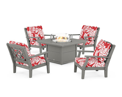 Martha Stewart by POLYWOOD® Chinoiserie 5-Piece Deep Seating Set with Fire Pit Table in Slate Grey / Leaf Crimson