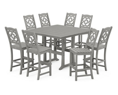Chinoiserie 9-Piece Square Farmhouse Side Chair Bar Set with Trestle Legs