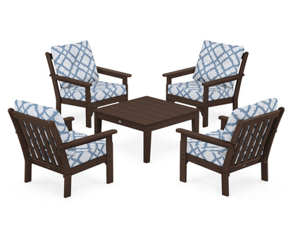 POLYWOOD® Vineyard 5-Piece Deep Seating Conversation Set in Mahogany / Trellis Sky Blue