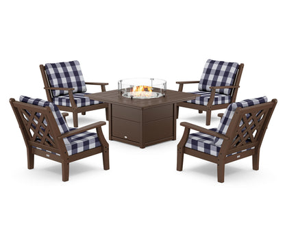 Country Living Wovendale 5-Piece Deep Seating Set with Fire Pit Table in Mahogany / Buffalo Plaid Navy