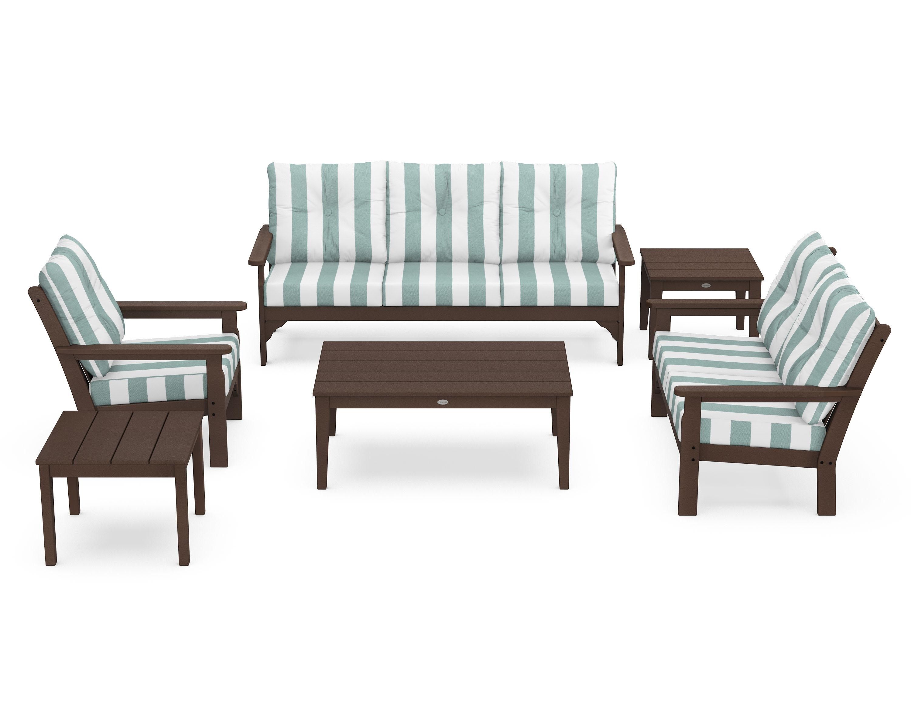 POLYWOOD® Vineyard 6-Piece Deep Seating Set in Mahogany / Cabana Stripe Glacier Spa