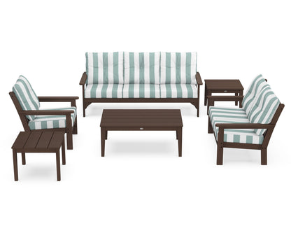 POLYWOOD® Vineyard 6-Piece Deep Seating Set in Mahogany / Cabana Stripe Glacier Spa