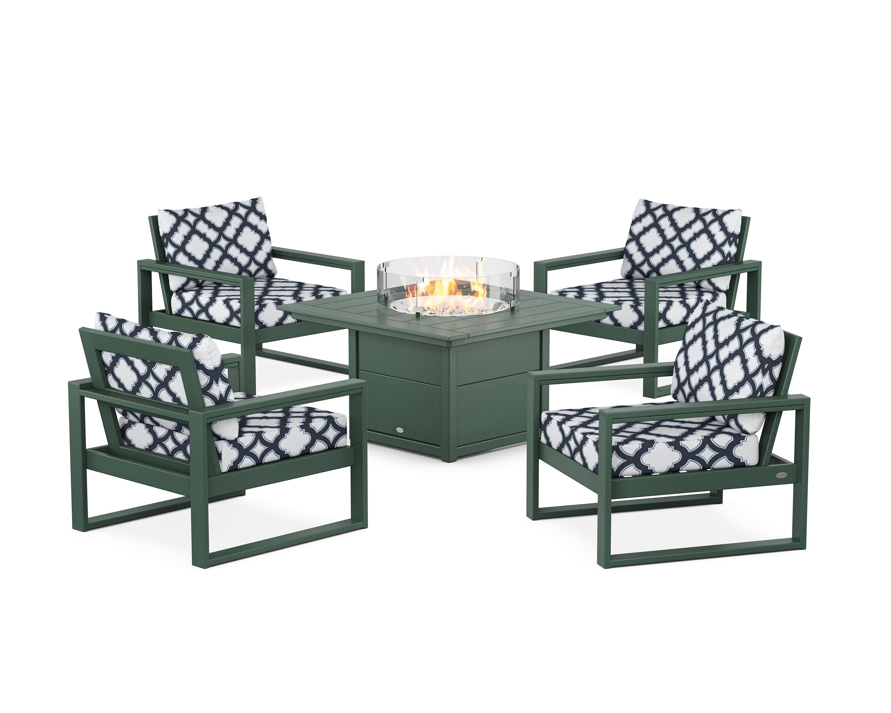 POLYWOOD® EDGE Sectional 5-Piece Deep Seating Set with Fire Pit Table in Green / Trellis Marine Indigo
