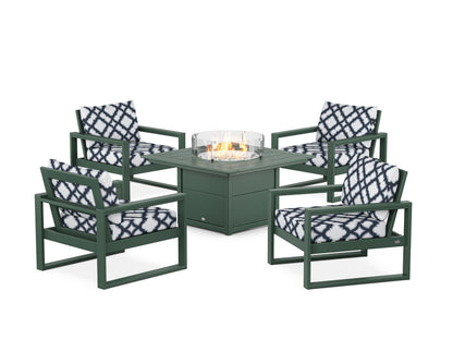 POLYWOOD® EDGE Sectional 5-Piece Deep Seating Set with Fire Pit Table in Green / Trellis Marine Indigo
