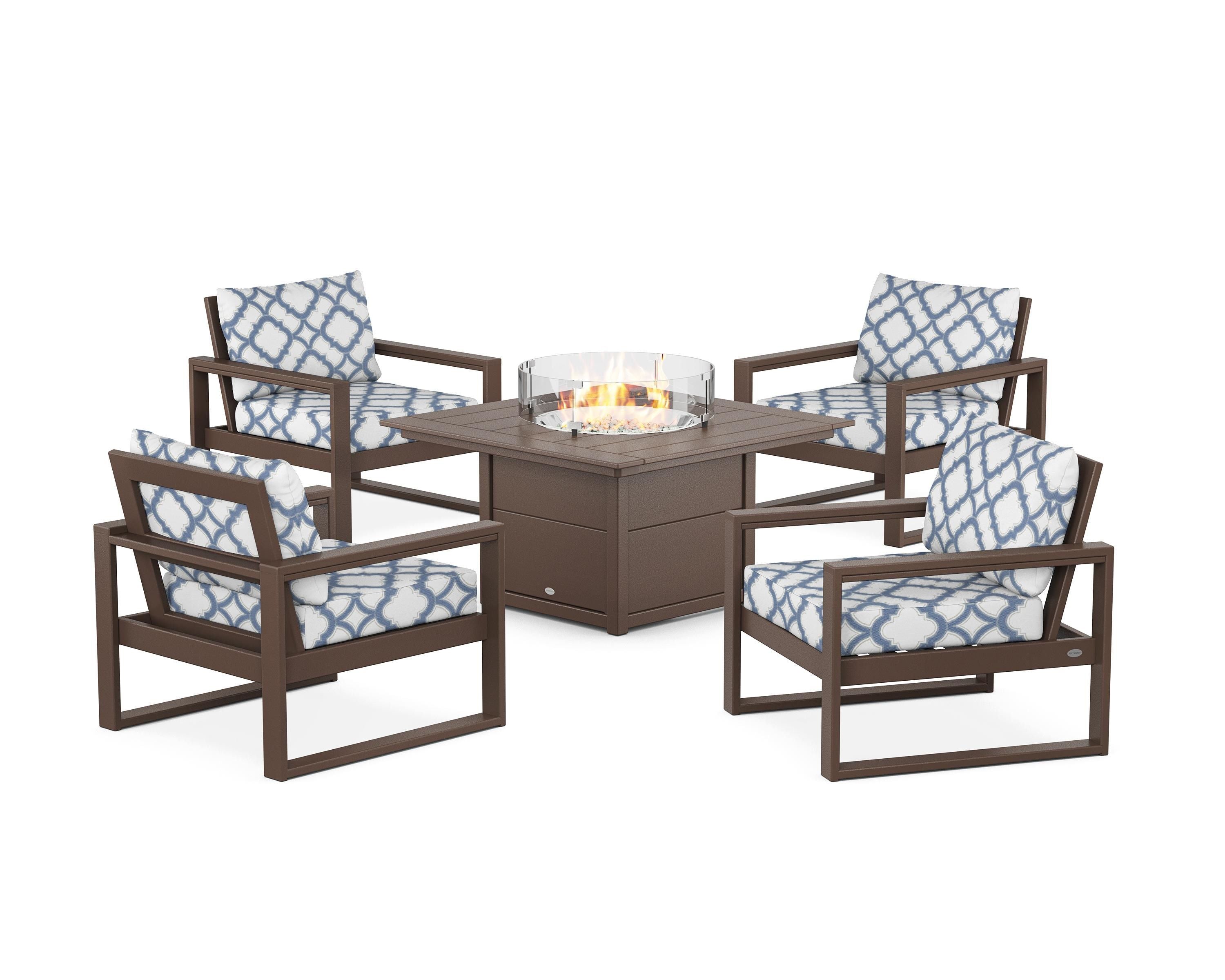 POLYWOOD® EDGE Sectional 5-Piece Deep Seating Set with Fire Pit Table in Mahogany / Trellis Sky Blue