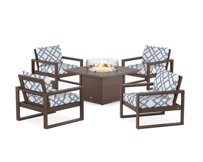 POLYWOOD® EDGE Sectional 5-Piece Deep Seating Set with Fire Pit Table in Mahogany / Trellis Sky Blue