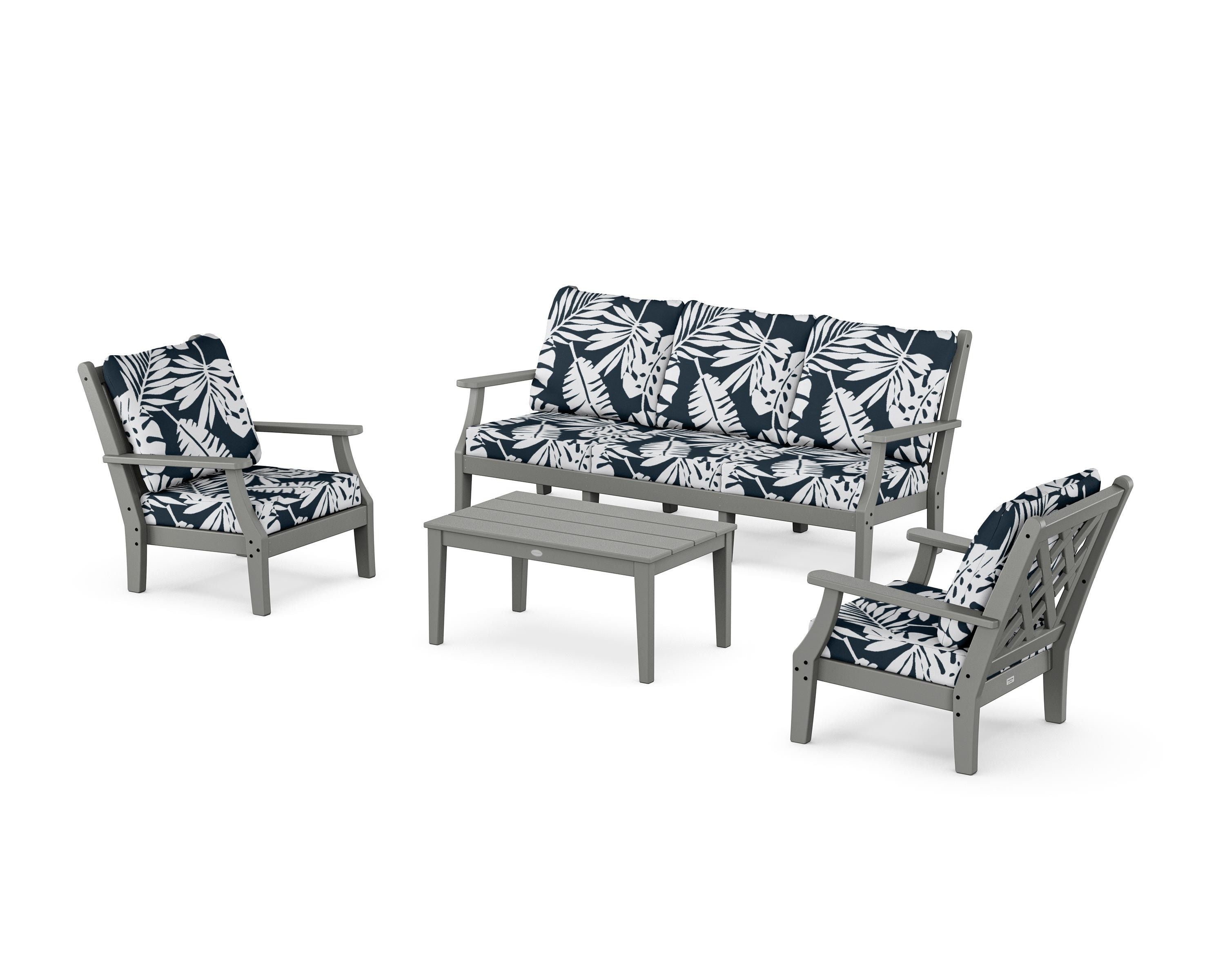 Country Living Wovendale 4-Piece Deep Seating Set with Sofa in Slate Grey / Leaf Marine Indigo