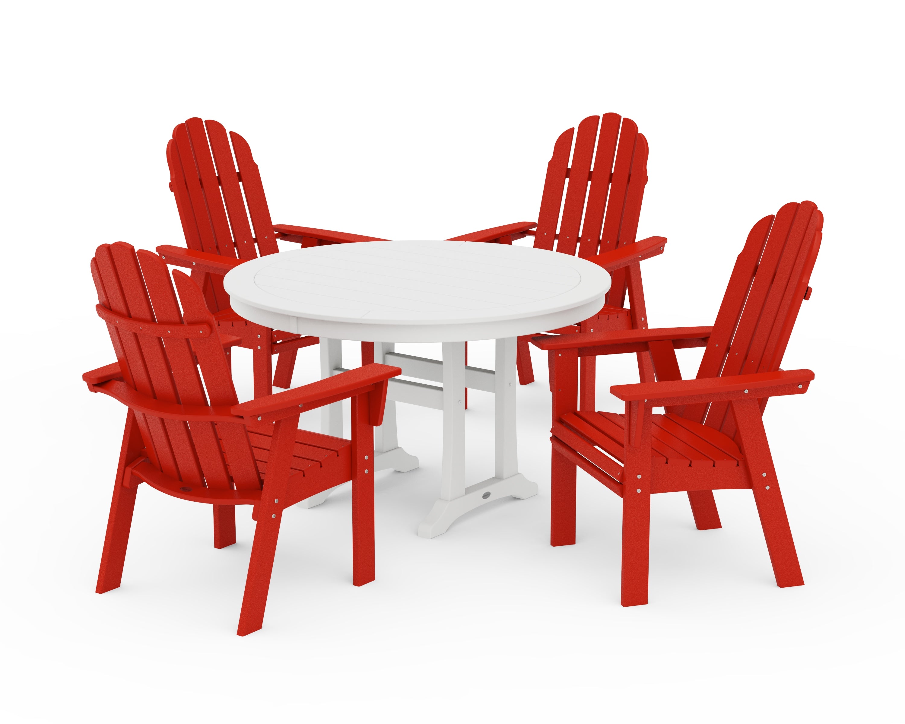 POLYWOOD® Vineyard Curveback Adirondack 5-Piece Nautical Trestle Dining Set in Sunset Red / White