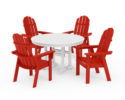 POLYWOOD® Vineyard Curveback Adirondack 5-Piece Nautical Trestle Dining Set in Sunset Red / White