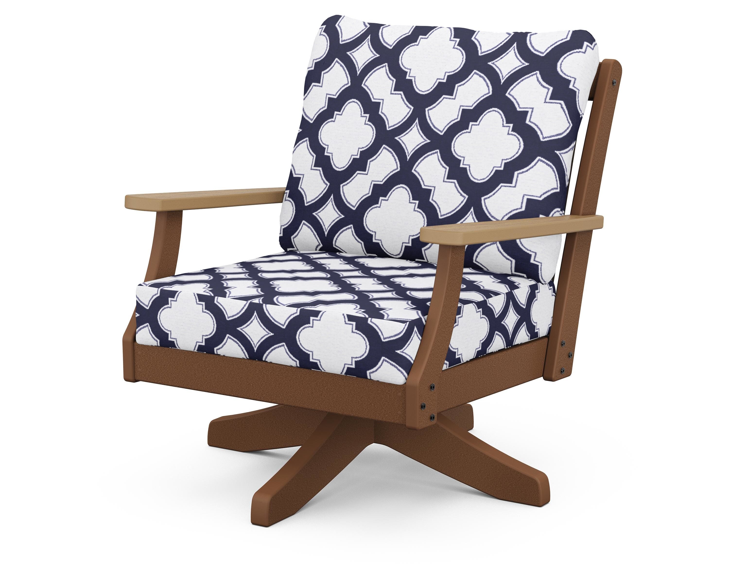 POLYWOOD® Braxton Deep Seating Swivel Chair in Teak / Natural / Trellis Navy