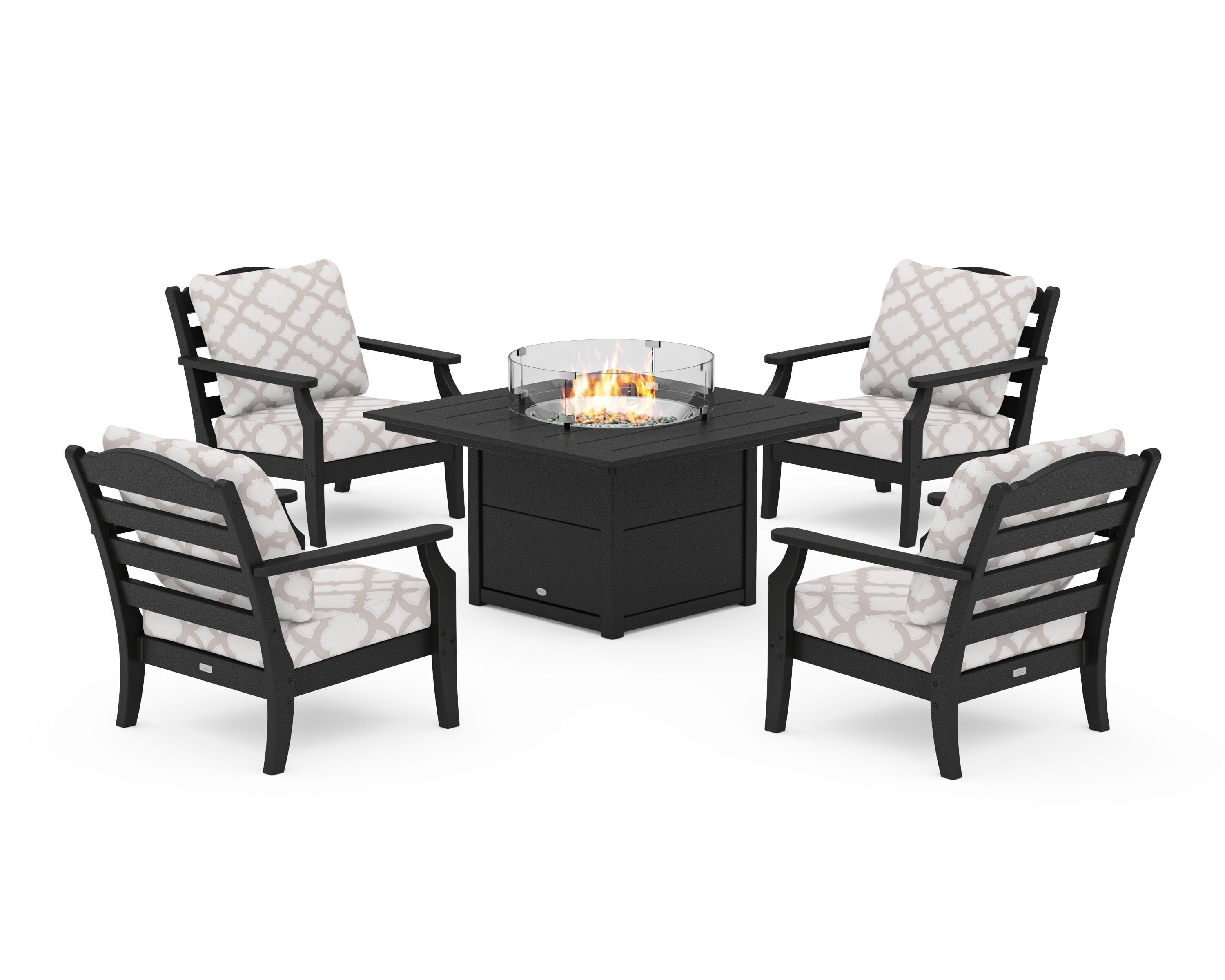 Draper James™ by  POLYWOOD® Savannah 5-Piece Deep Seating Set with Fire Pit Table in Black / Trellis Dune Burlap