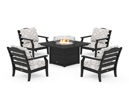 Draper James™ by  POLYWOOD® Savannah 5-Piece Deep Seating Set with Fire Pit Table in Black / Trellis Dune Burlap