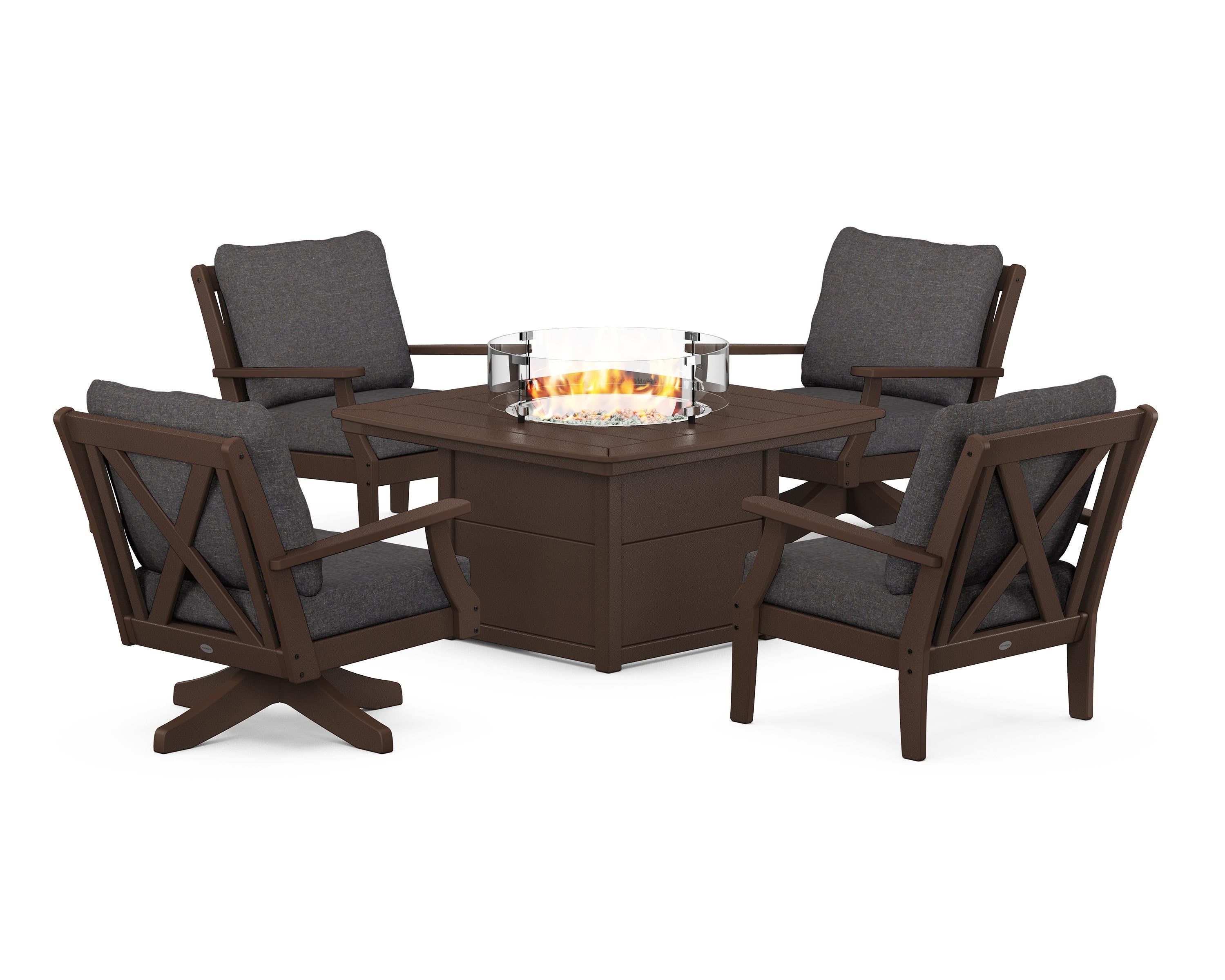 POLYWOOD® Braxton 5-Piece Deep Seating Set with Fire Table in Mahogany / Ash Charcoal