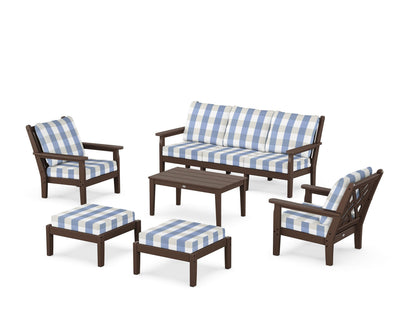 POLYWOOD® Chippendale 6-Piece Lounge Sofa Set in Mahogany / Buffalo Plaid Sky Blue
