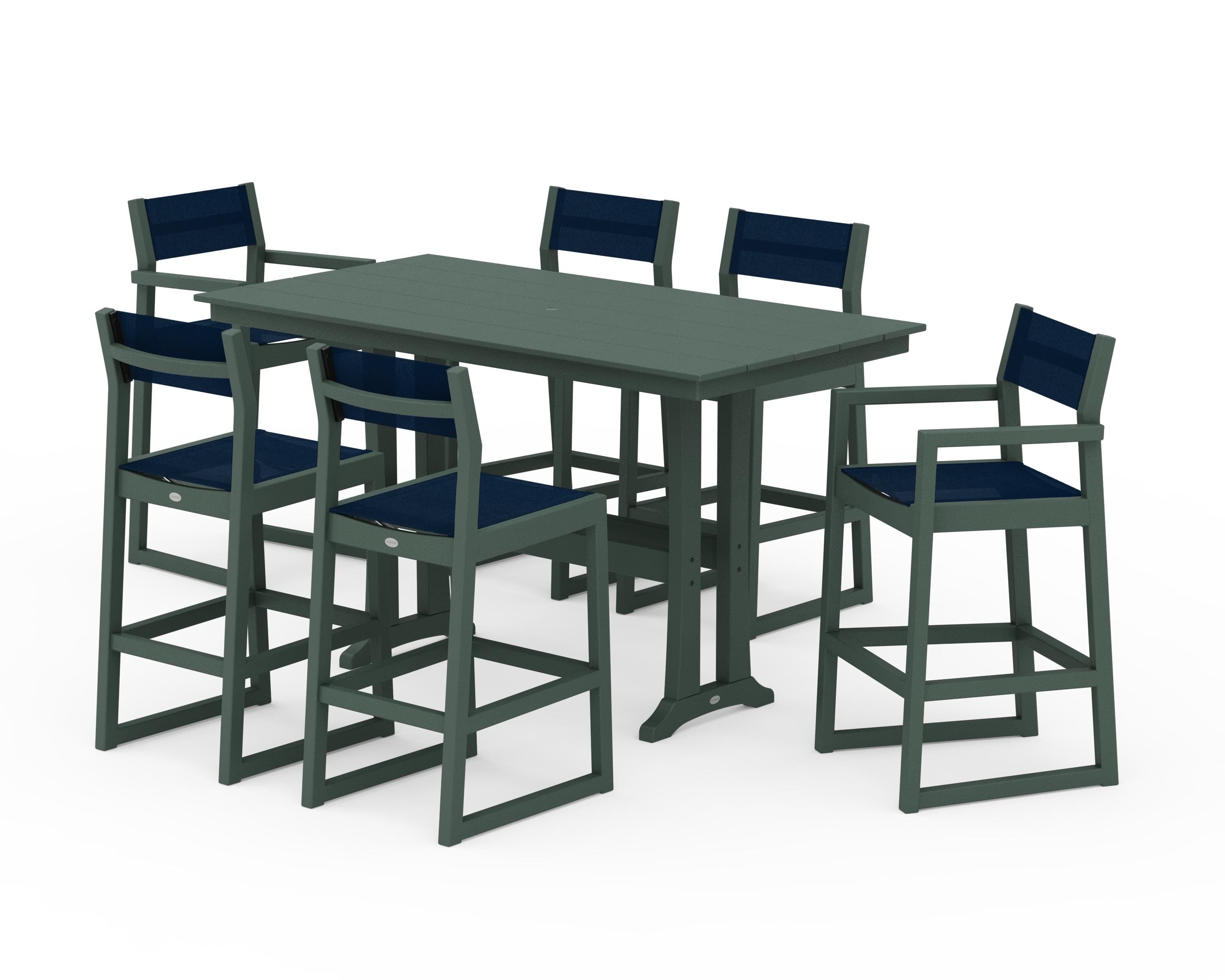 POLYWOOD® EDGE Sling 7-Piece Farmhouse Bar Set with Trestle Legs in Green / Navy Blue Sling