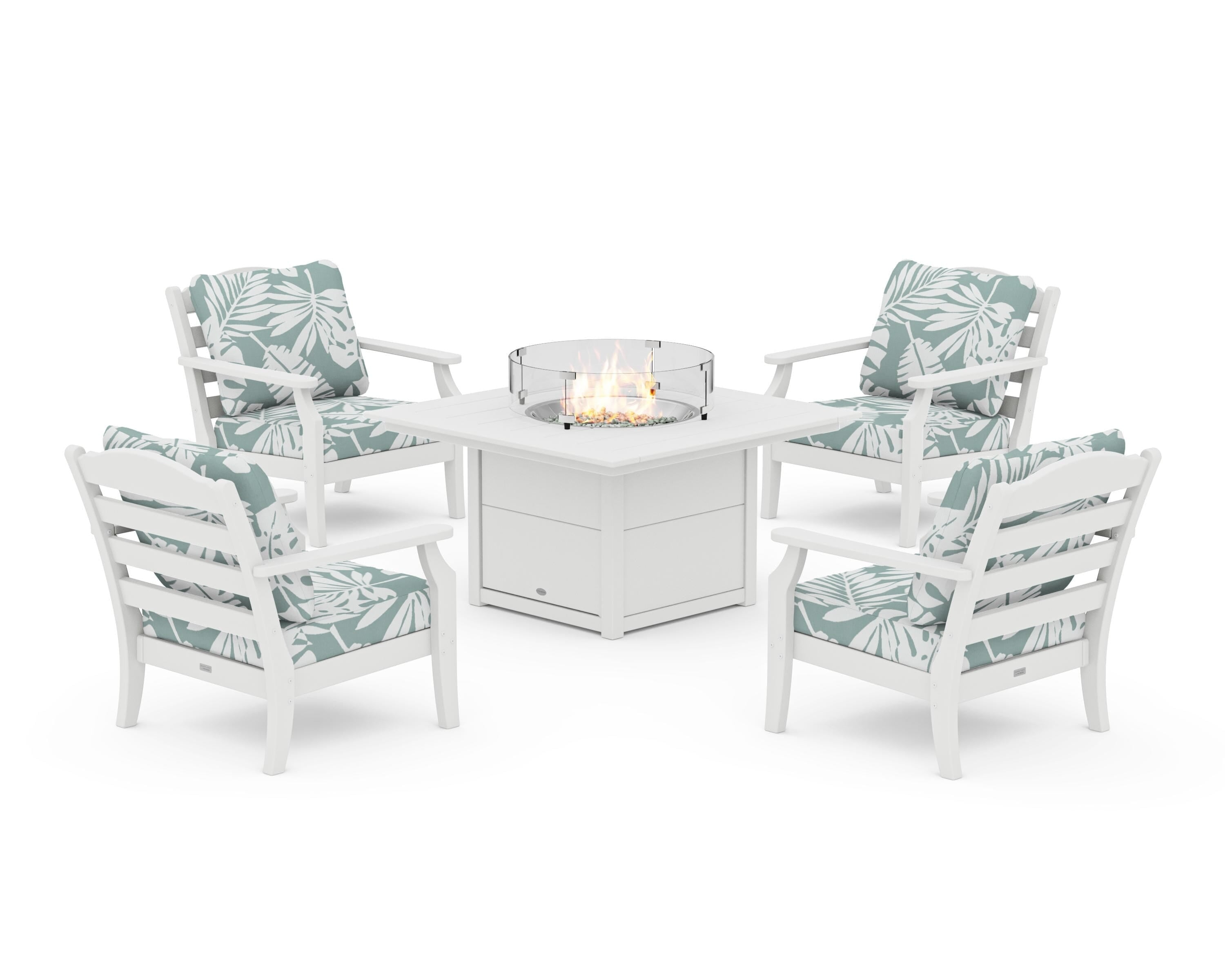 Draper James™ by  POLYWOOD® Savannah 5-Piece Deep Seating Set with Fire Pit Table in White / Leaf Glacier Spa