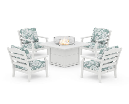 Draper James™ by  POLYWOOD® Savannah 5-Piece Deep Seating Set with Fire Pit Table in White / Leaf Glacier Spa
