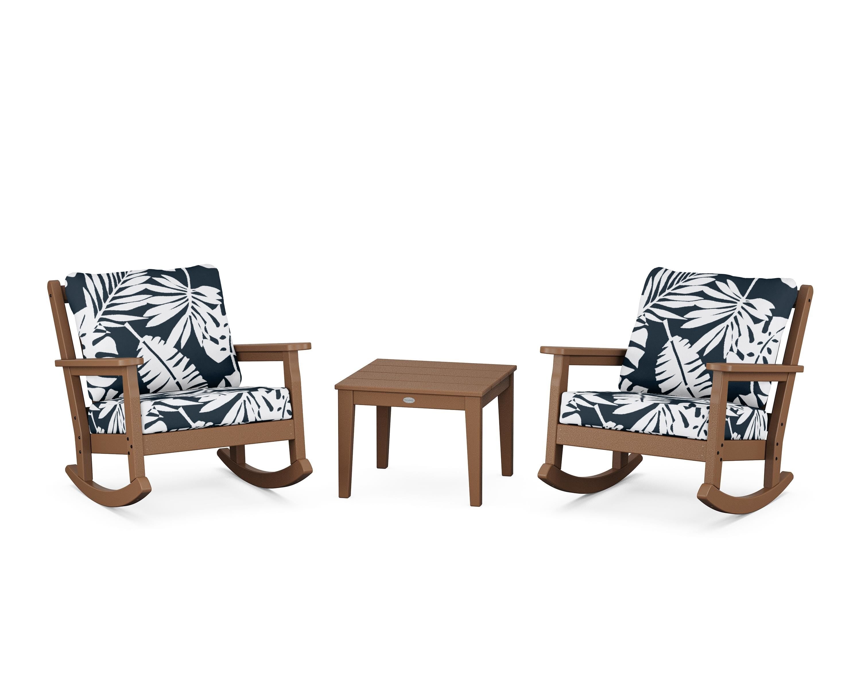 POLYWOOD® Chippendale 3-Piece Deep Seating Rocker Set in Teak / Leaf Marine Indigo