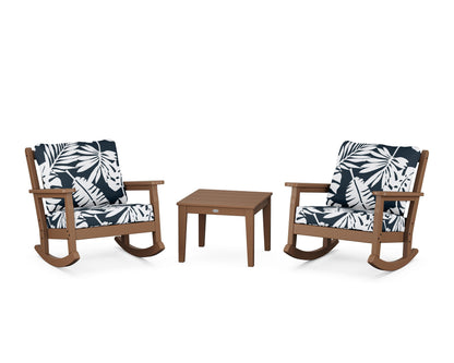 POLYWOOD® Chippendale 3-Piece Deep Seating Rocker Set in Teak / Leaf Marine Indigo