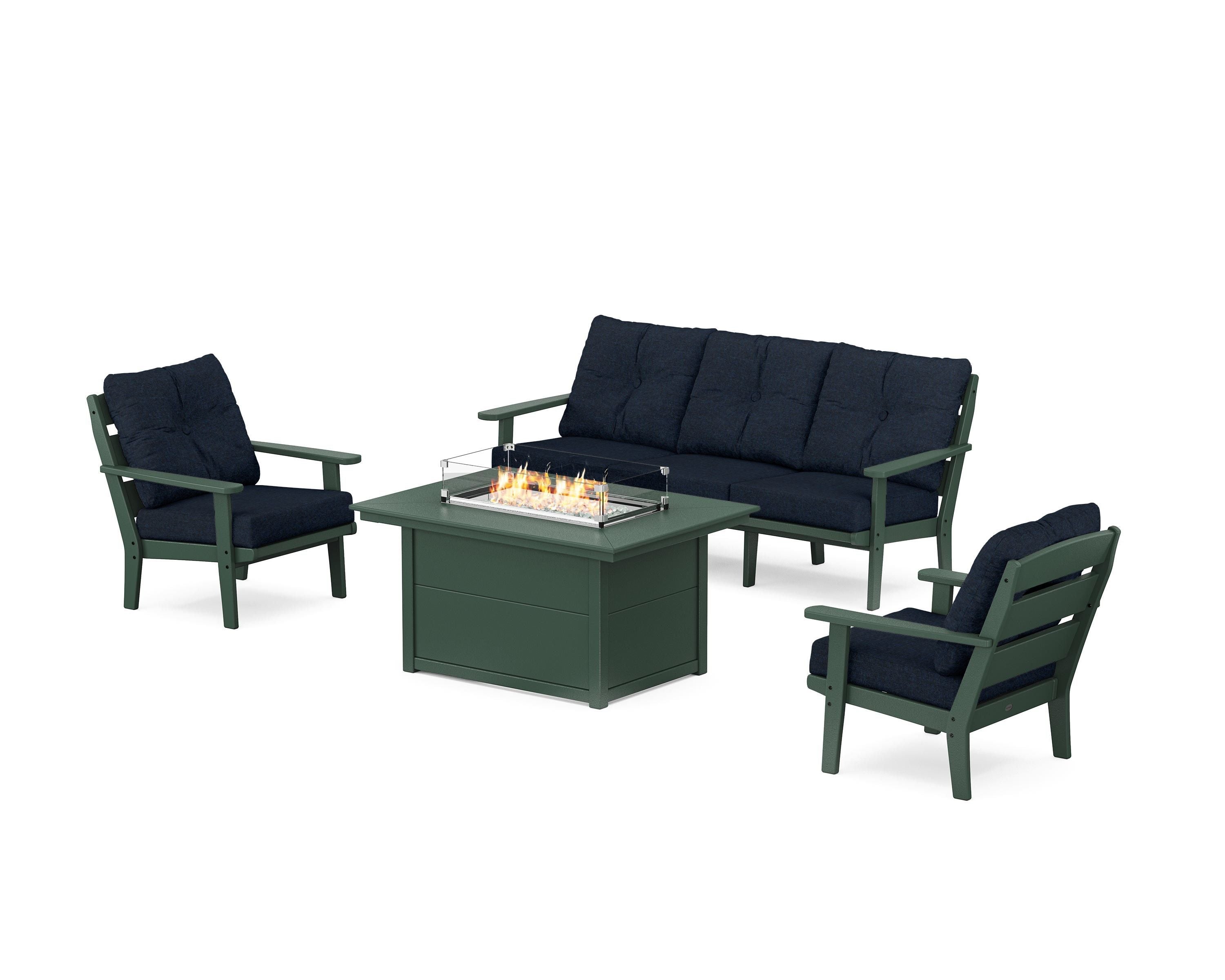 POLYWOOD® Lakeside Deep Seating Fire Pit Table Set in Green / Marine Indigo