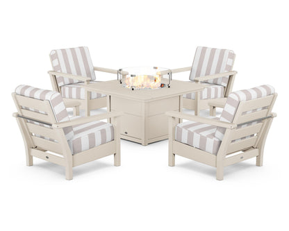 POLYWOOD® Harbour 5-Piece Conversation Set with Fire Pit Table in Sand / Cabana Stripe Dune Burlap