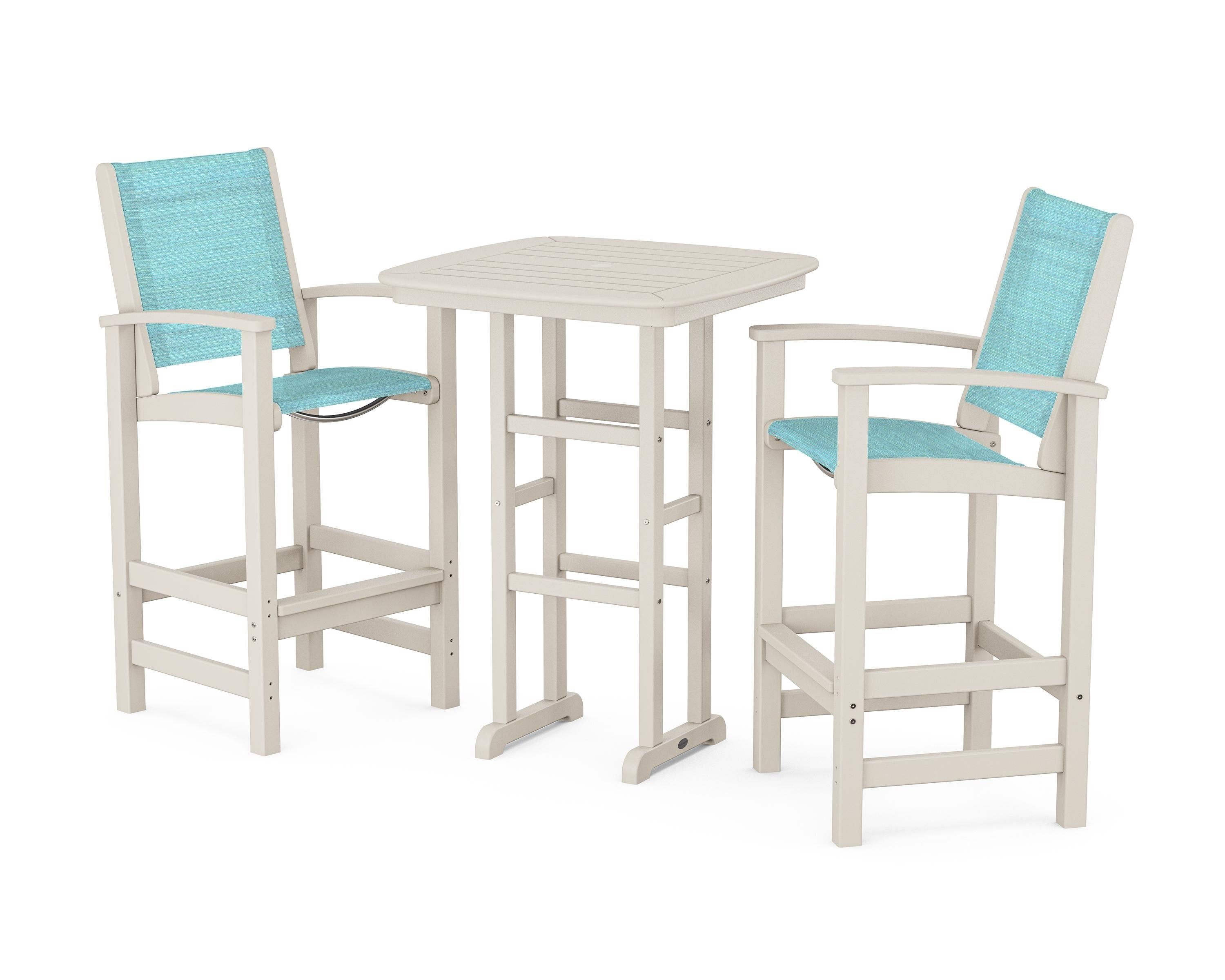 POLYWOOD® Coastal 3-Piece Bar Set in Sand / Dupioni Aquamarine Sling