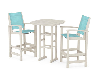 POLYWOOD® Coastal 3-Piece Bar Set in Sand / Dupioni Aquamarine Sling