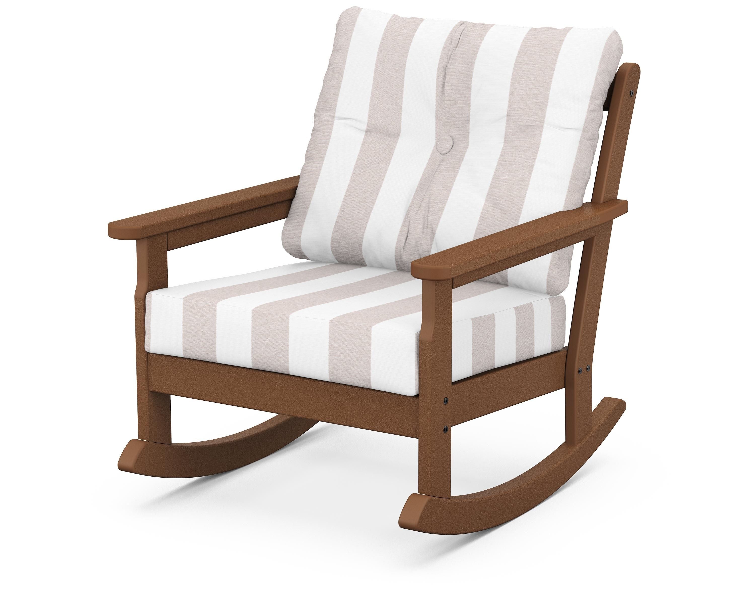 POLYWOOD® Vineyard Deep Seating Rocking Chair in Teak / Cabana Stripe Dune Burlap