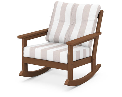 POLYWOOD® Vineyard Deep Seating Rocking Chair in Teak / Cabana Stripe Dune Burlap