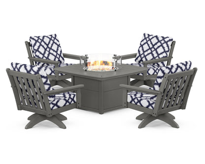 POLYWOOD® Vineyard 5-Piece Deep Seating Swivel Conversation Set with Fire Pit Table in Slate Grey / Trellis Navy